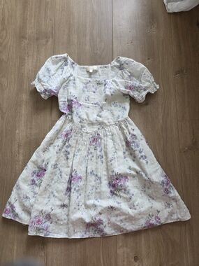 LoveShackFancy White Floral Puff Sleeve Dress with Pink & Lavender Blooms